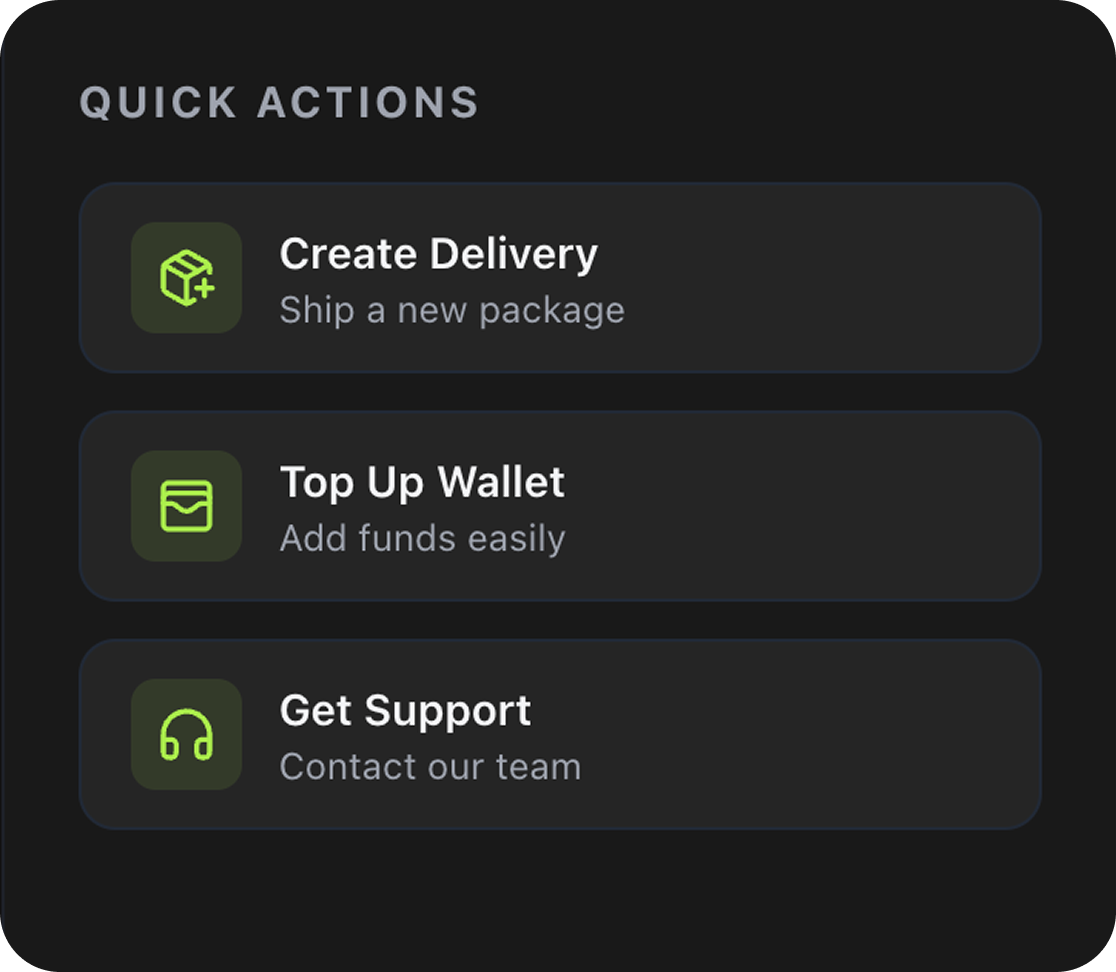 Quick actions for booking a delivery