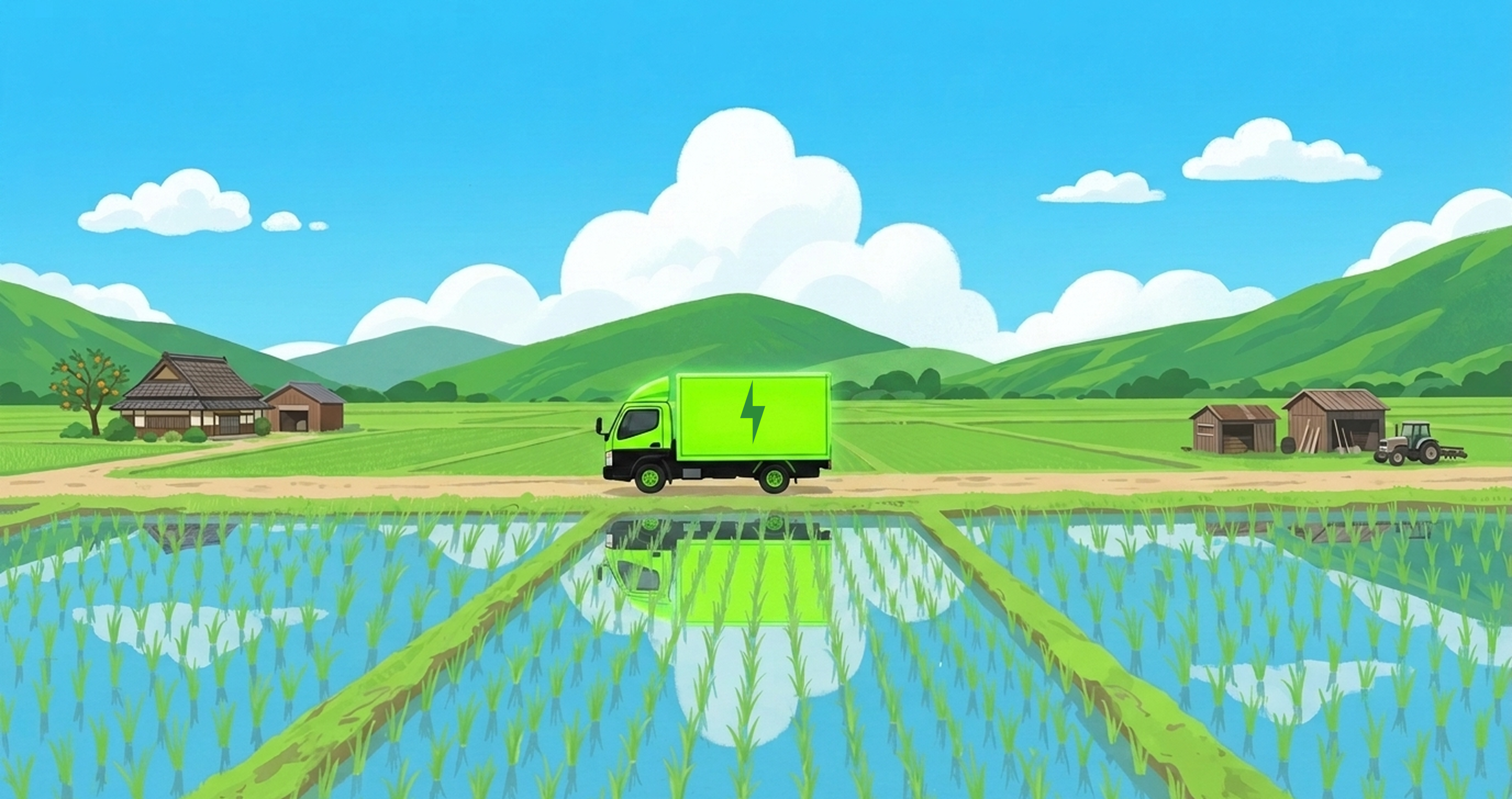 Electric delivery truck moving through green farmland